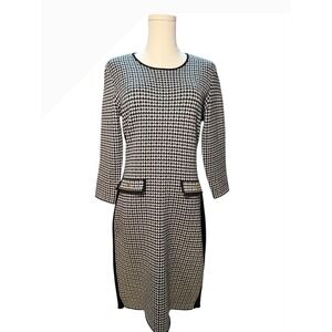 Harper Rose Houndstooth Sheath Dress Black White Knit 3/4 Sleeve Pockets S